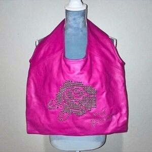 Rare Vintage 100% cow leather Betsey Johnson pink rose studded